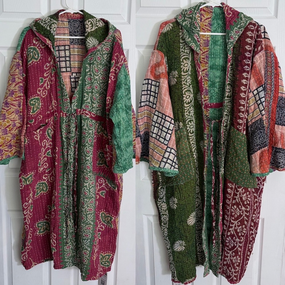 Kantha Hooded Quilt Robe OS Multicolor Reversible Duster Pockets NEW